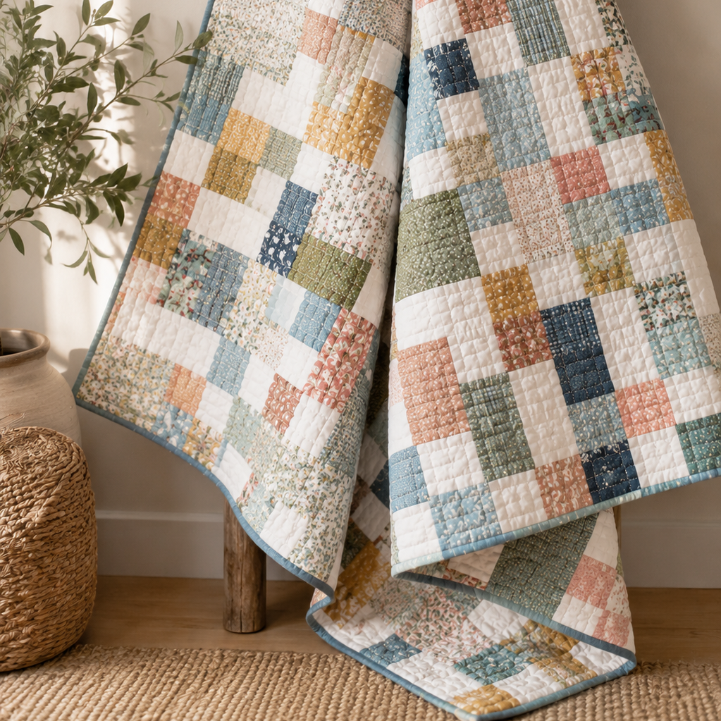 A patchwork quilt with a rustic patchwork design in muted earthy tones of blue, green, beige, and orange, draped over a wooden ladder in a cozy room setting.