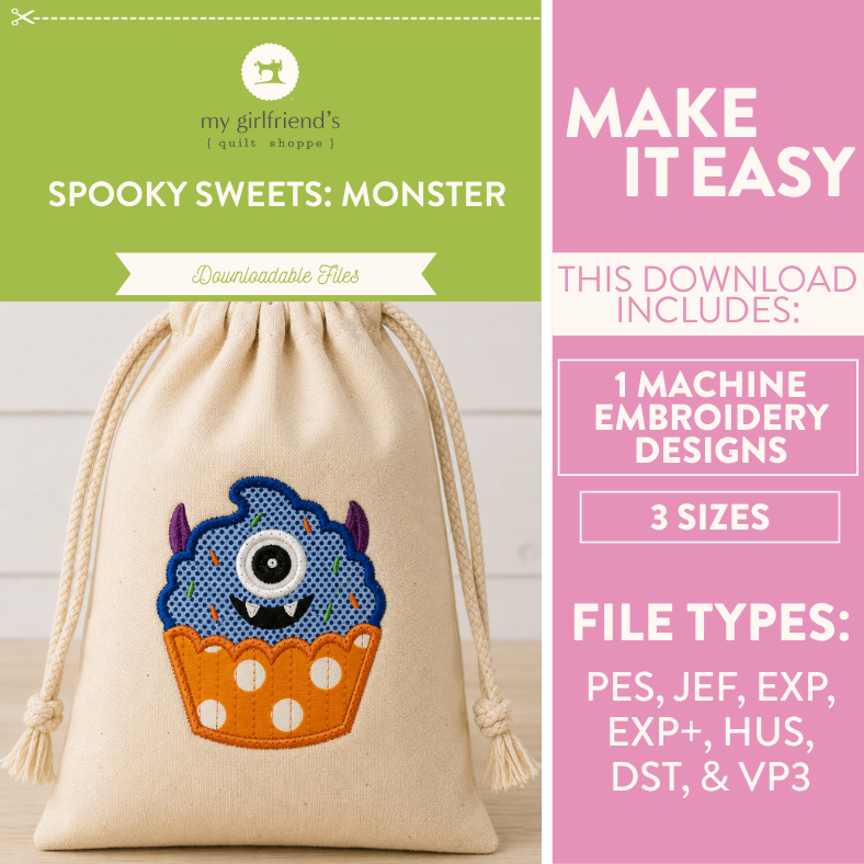 Embroidered monster design on a drawstring bag with product details on a green and pink background.