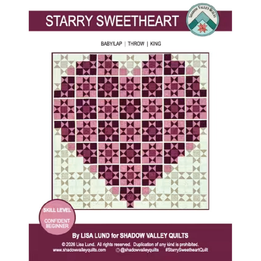 Pattern cover for the 'Starry Sweetheart' quilt by Lisa Lund of Shadow Valley Quilts, showing a heart-shaped quilt design in shades of pink, purple, and beige on a white background with brand logos.
