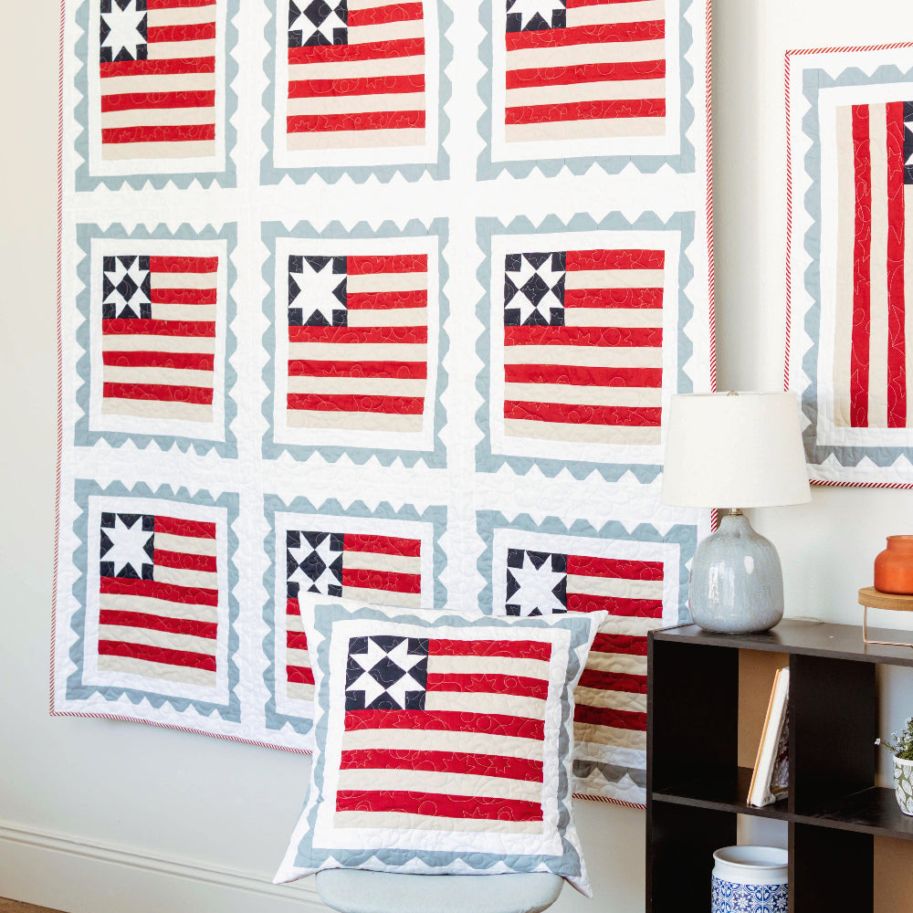 American flag-themed wall art and decor in a room with a shelf and plant.