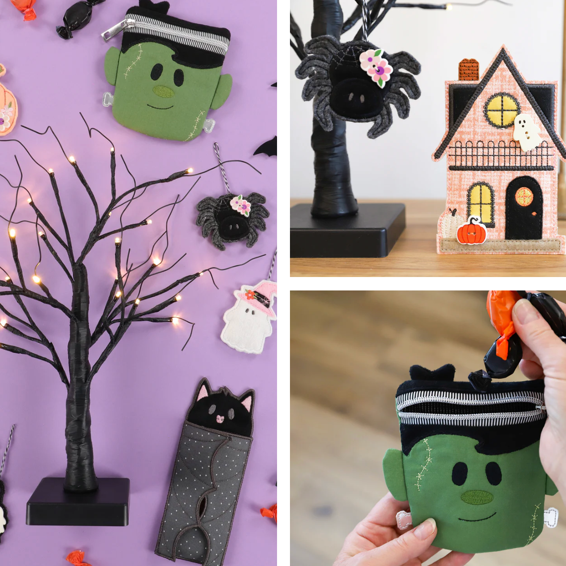 Halloween-themed decorations including a tree, houses, and a Frankenstein-shaped pouch.
