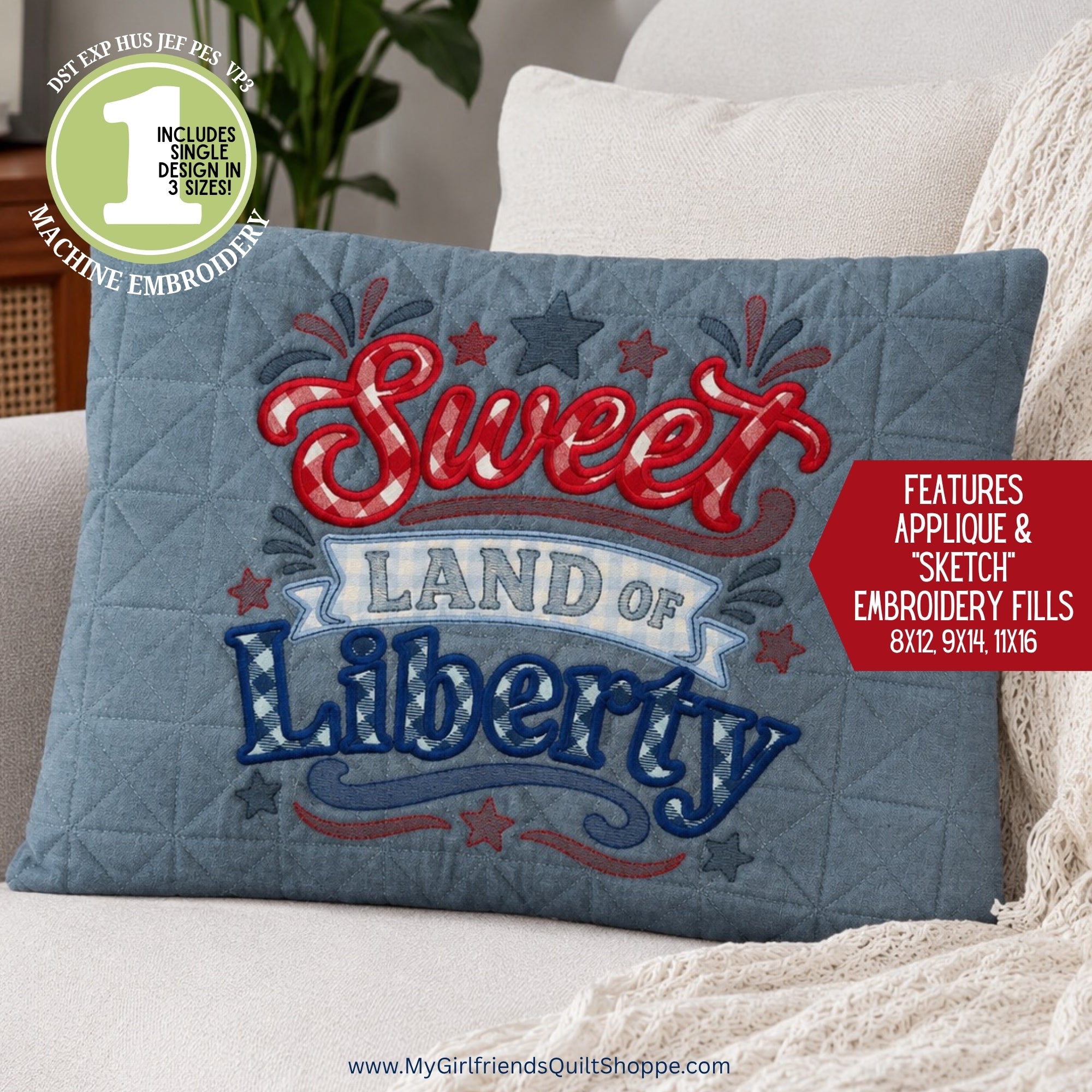 Embroidered pillow with 'Sweet Land of Liberty' design on a couch.