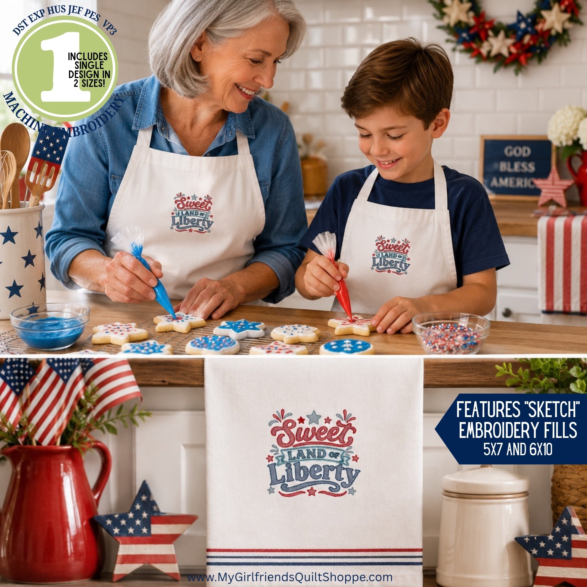 Woman and child in aprons decorating cookies with 'Sweet Land of Liberty' design, surrounded by patriotic decor.