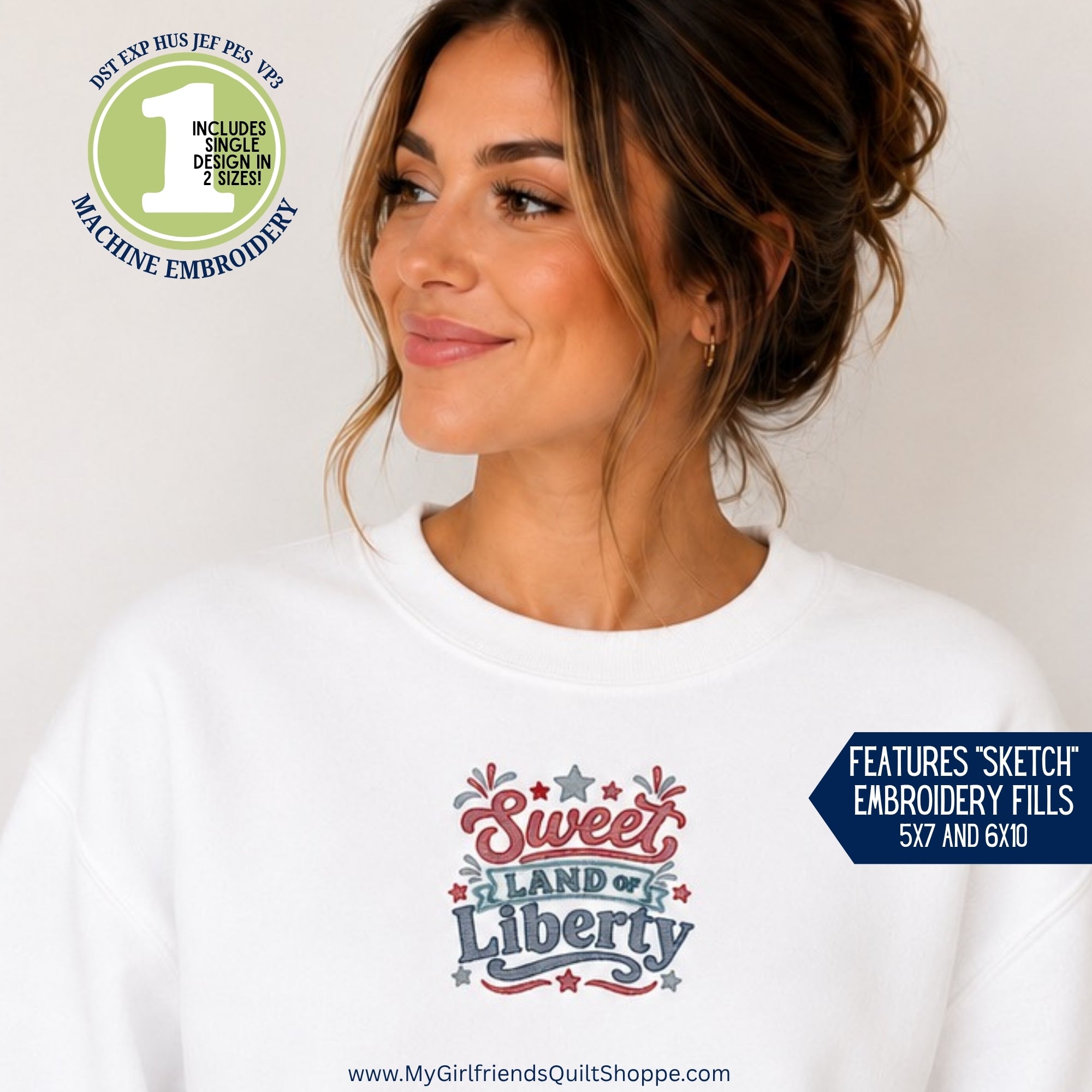 Woman wearing a white sweatshirt with 'Sweet Land of Liberty' design on a plain background