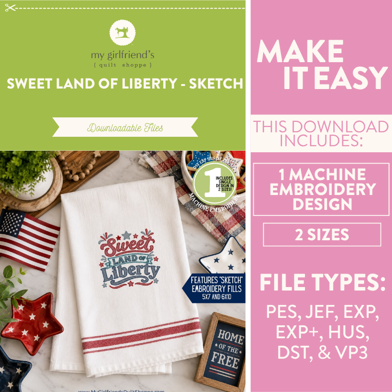 Promotional graphic for 'Sweet Land of Liberty' embroidery design with a towel featuring the design.