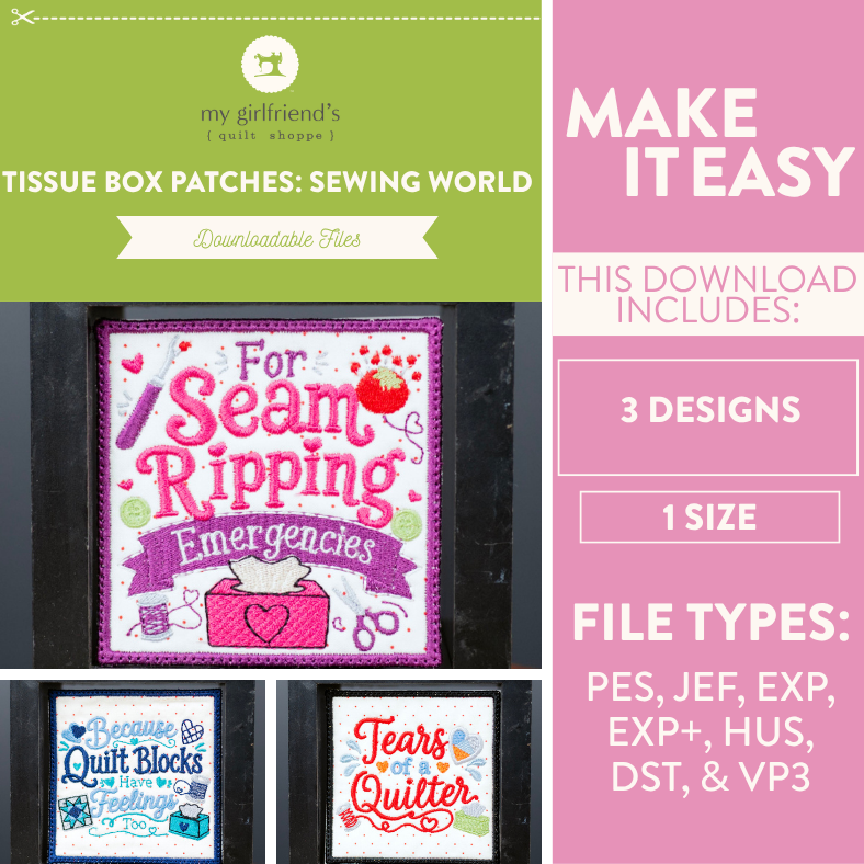 Promotional graphic for a downloadable sewing patch file set titled 'Tissue Box Patches: Sewing World' by my girlfriend's quilt shop. The design shows a pink and white patch reading 'For Seam Rippling Emergencies' with a tissue box motif, plus two smaller patch previews below.