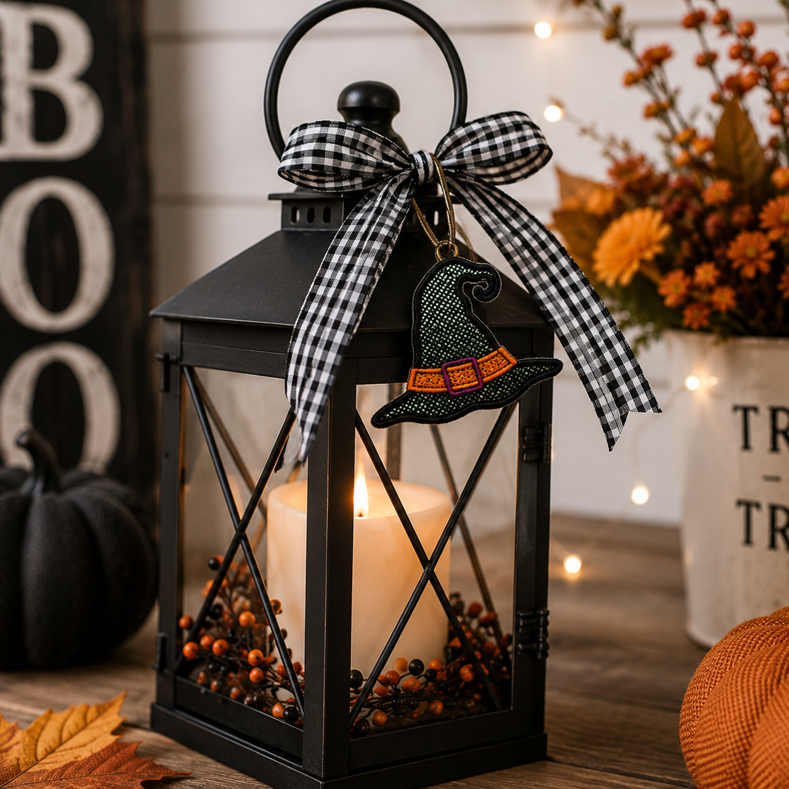 A black metal lantern candle holder with a black-and-white gingham ribbon bow and a witch hat charm, styled on a wooden surface with fall decor including pumpkins, a sign, and a vase of orange flowers.