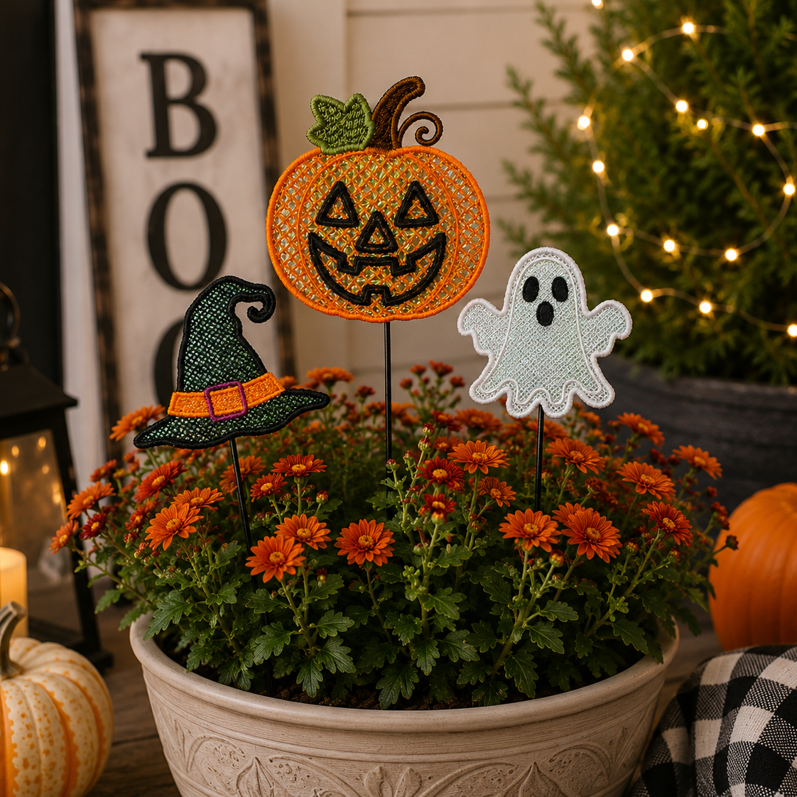 Halloween-themed floral garden stake decorations featuring a jack-o'-lantern, a witch hat, and a ghost, displayed in a pot of orange mums with decorative pumpkins and a lit Christmas tree in the background.