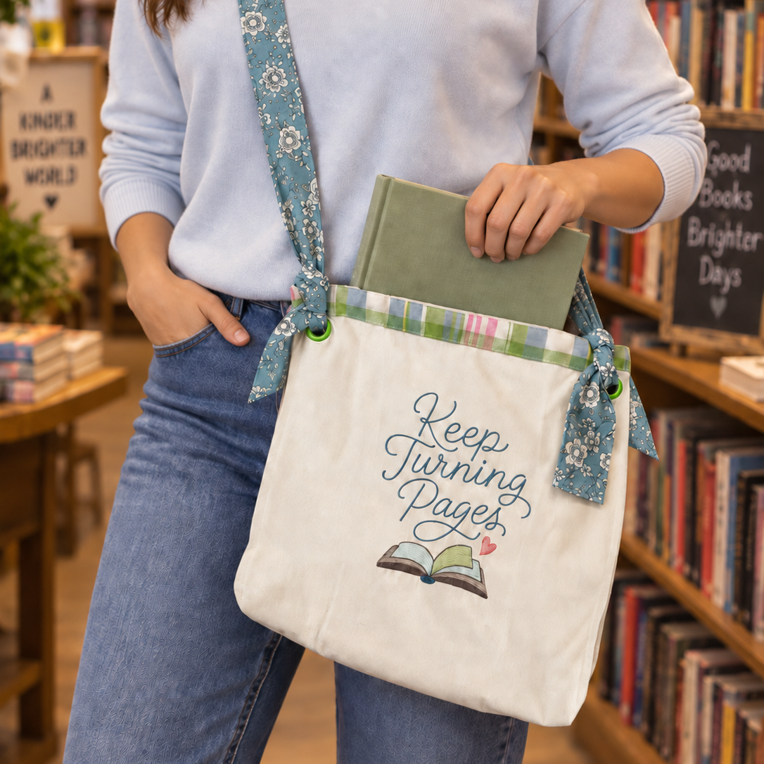 A woman in a bookstore wearing a cream canvas crossbody tote bag with a blue floral strap and 'Keep Turning Pages' embroidery, holding a green book.