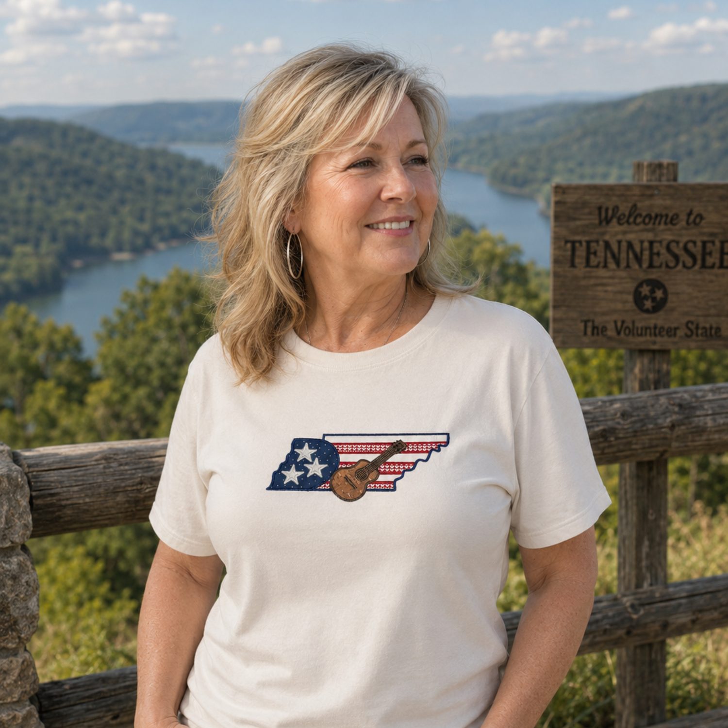 Woman wearing a Tennessee-themed t-shirt with a scenic background