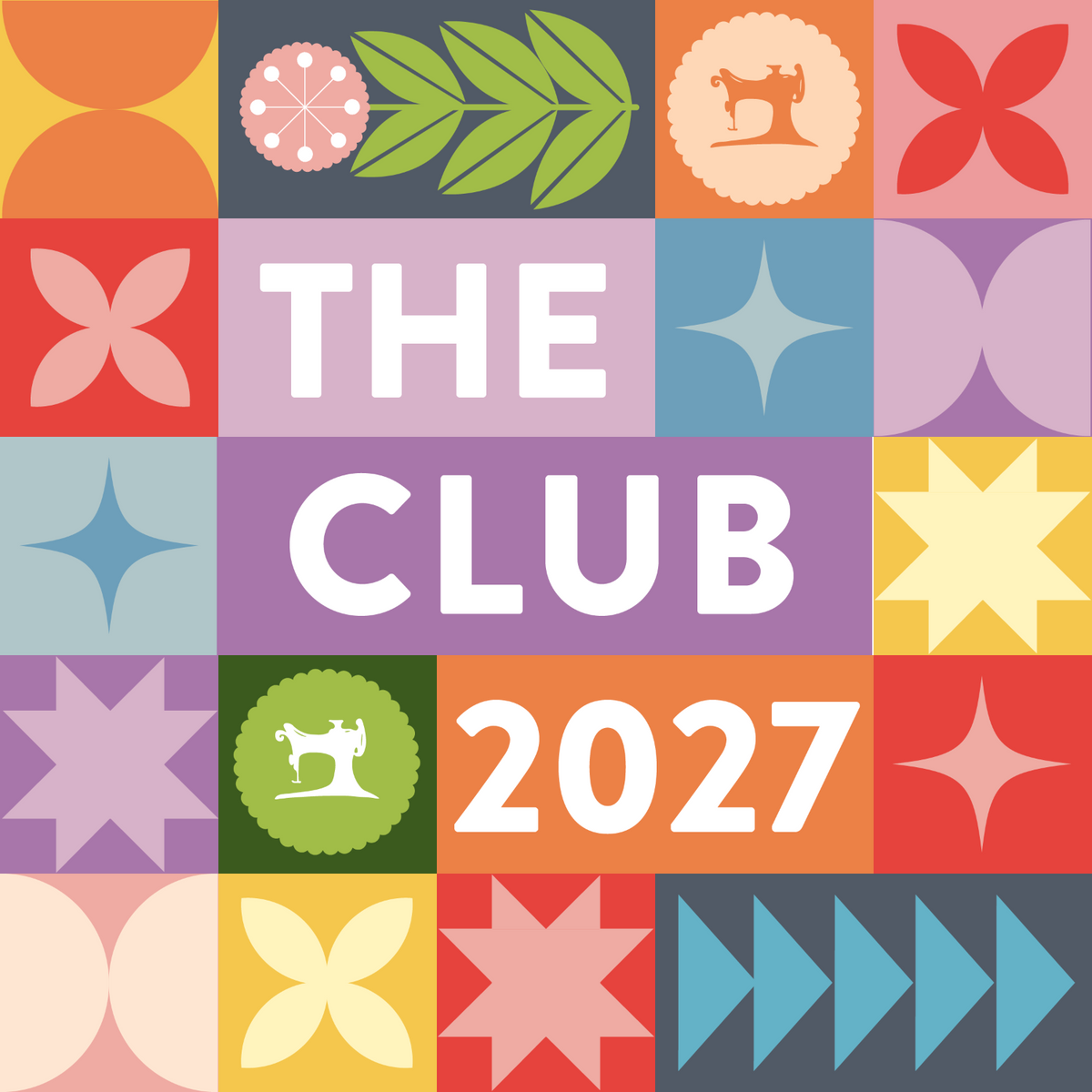 A colorful square graphic with the words 'THE CLUB 2027' in large white letters over a grid of pastel and bright geometric blocks. Small sewing machine icons appear inside several tiles, and the design uses orange, pink, red, yellow, blue, purple, green, and gray.