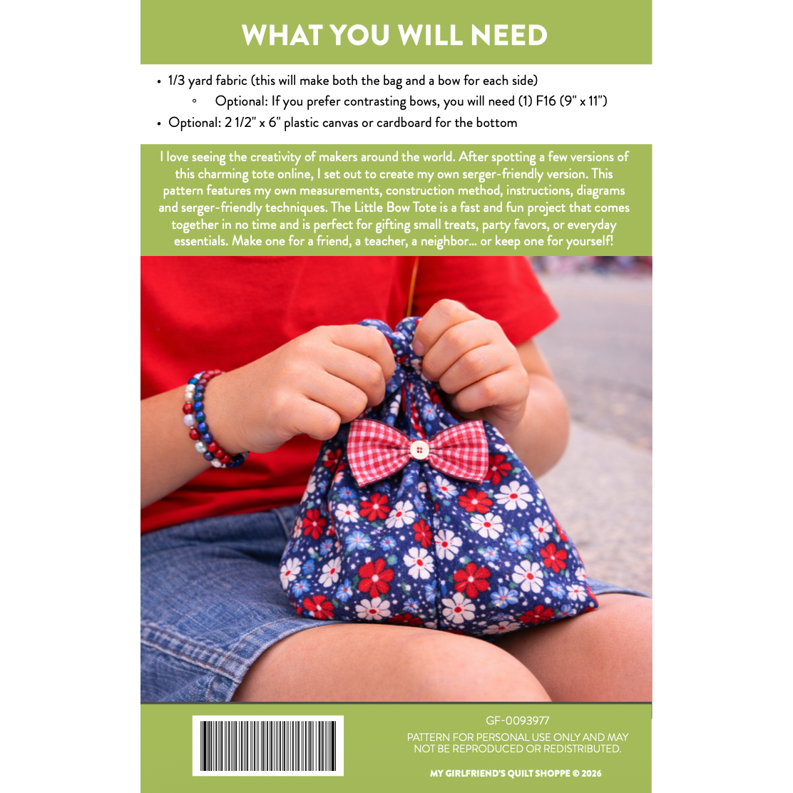 Pattern book cover for a fabric bag with bow, showing a child holding the bag.
