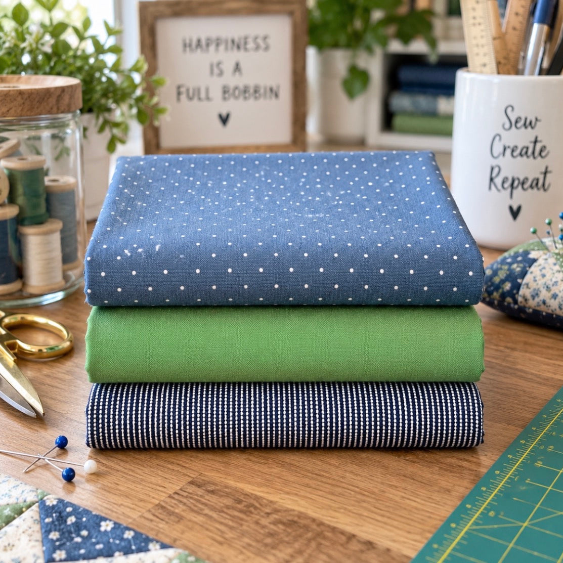 Three folded fabrics stacked on a wooden table: a blue fabric with white polka dots, a solid light green fabric, and a navy-and-white gingham fabric. Surrounding props include scissors, a glass jar of spools, pins, a cutting mat, and a sign reading 'Happiness is a full bobbin' and 'Sew Create Repeat'.