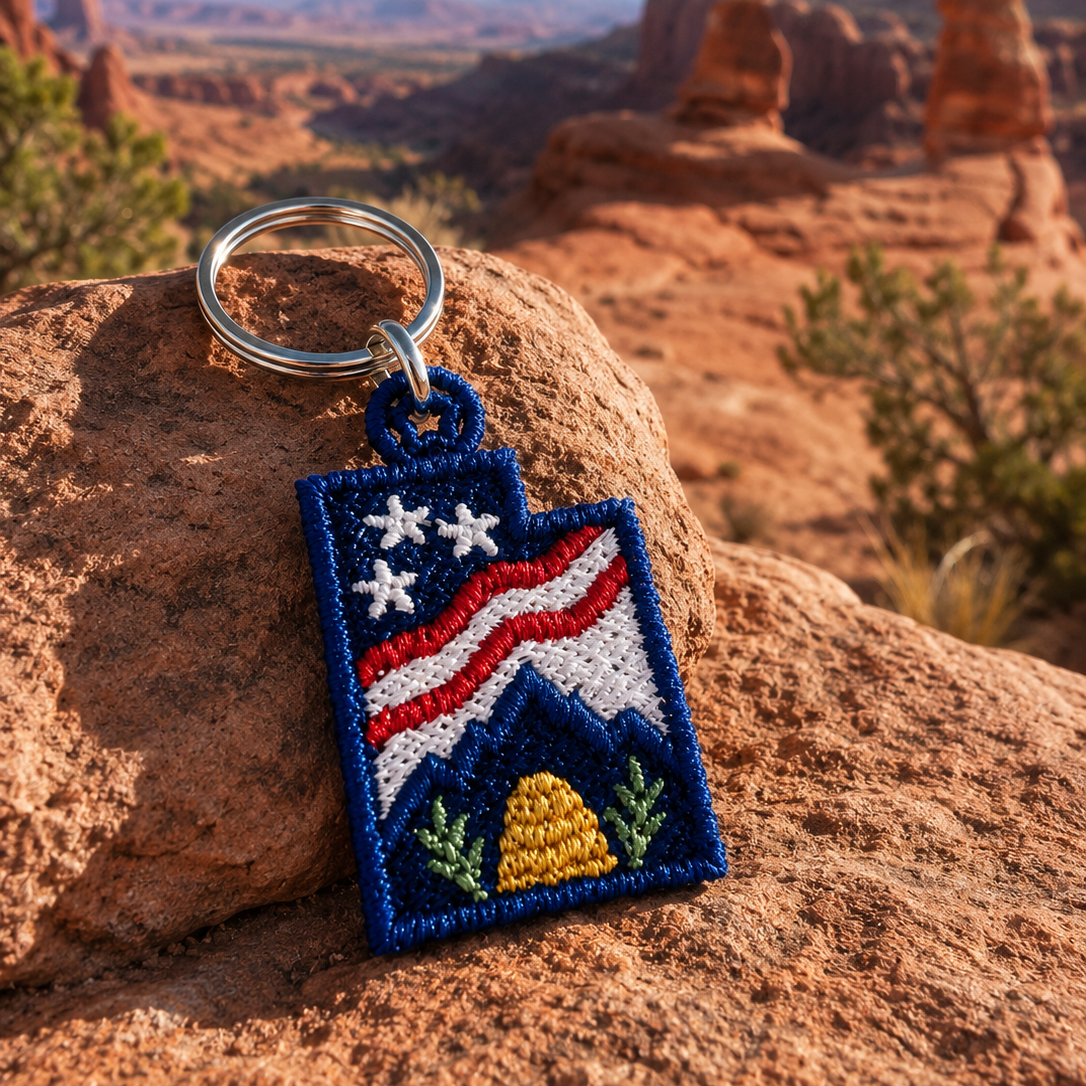 Keychain with American flag design on a rock with desert landscape in the background