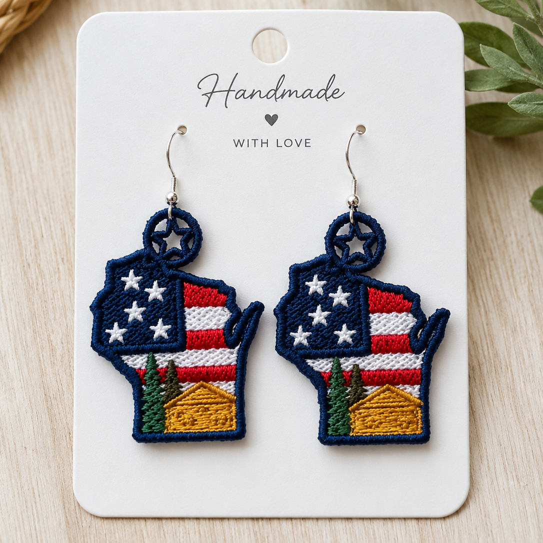 Handmade earrings on a card with a wooden background