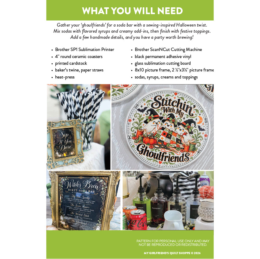 A product information sheet titled 'WHAT YOU WILL NEED' for 'Stitchin' with Ghoulfriends,' showing a list of required items and several example craft projects featuring the 'Ghoulfriends' design. The sheet includes photos of printed cardstock, a framed sign, adhesive vinyl, and wrapped candies on a white background.