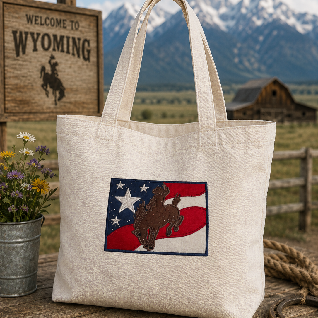 Tote bag with Oklahoma design on a wooden table in a home setting