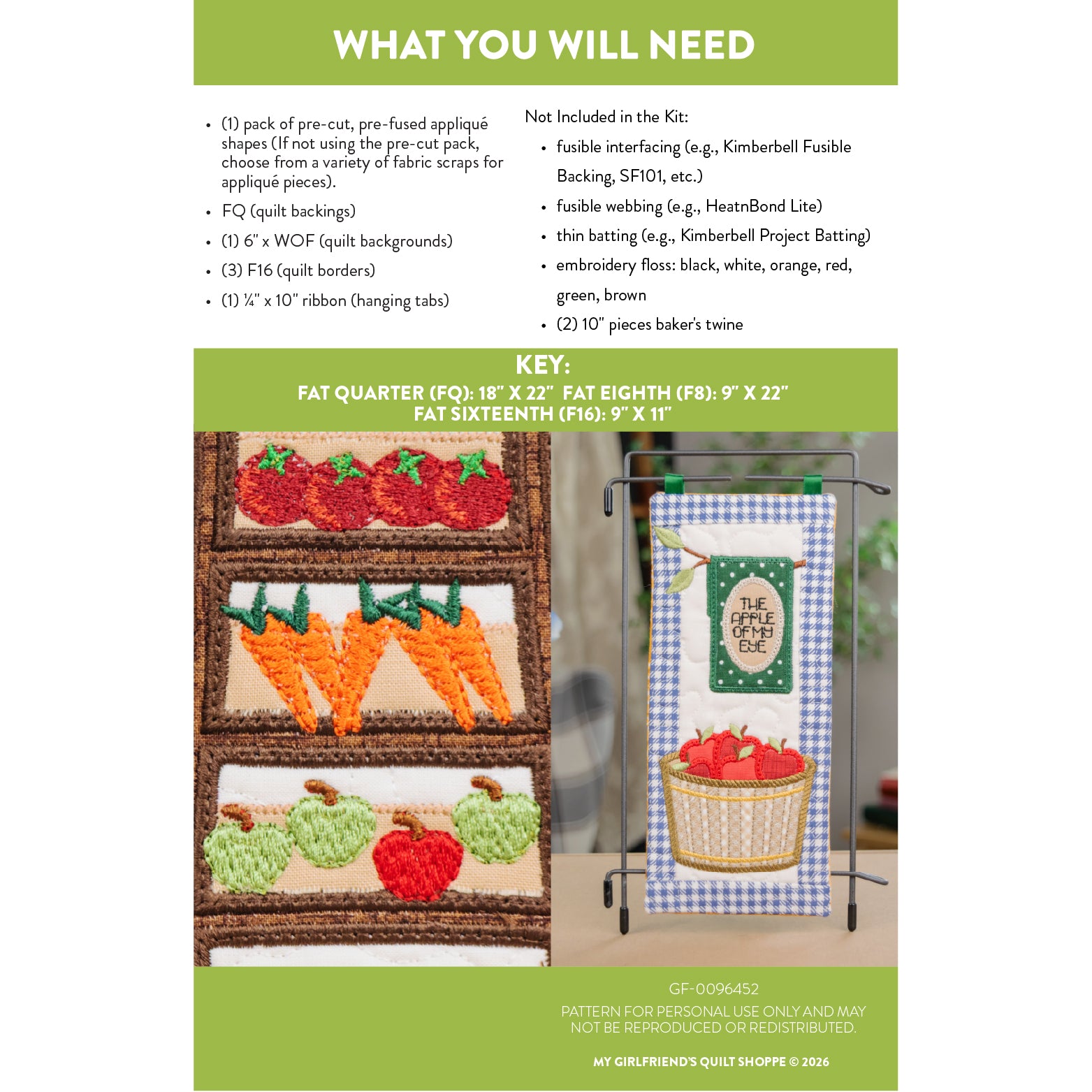 A product information sheet for a quilting pattern, titled 'WHAT YOU INCLUDED NEED', showing included applique shapes, a key with measurements, and a finished quilt design with fruit patches on a checkered background.