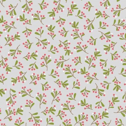 Maywood, Cup of Cheer, gray fabric with mistletoe
