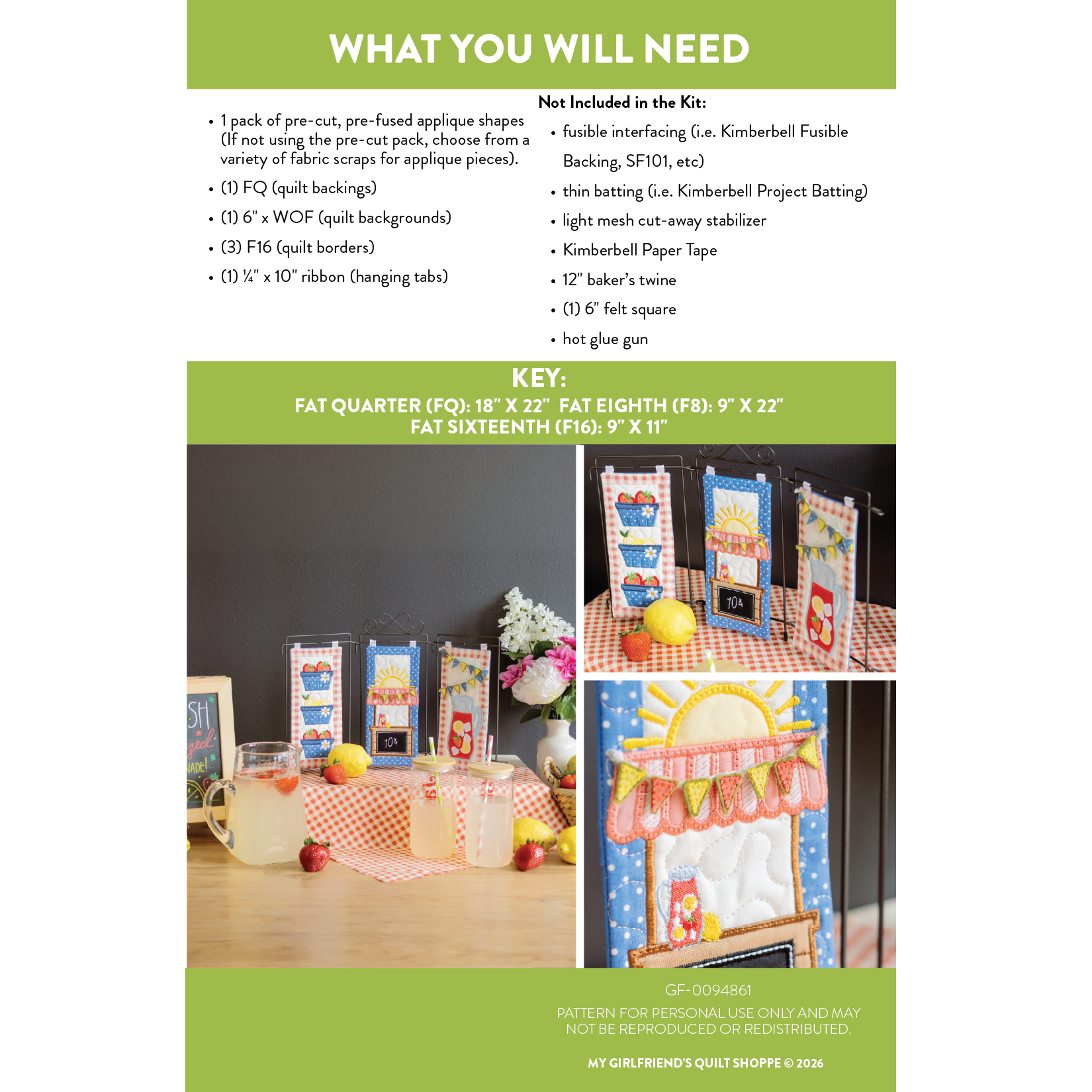 Product packaging with quilt-making supplies and a table setup.