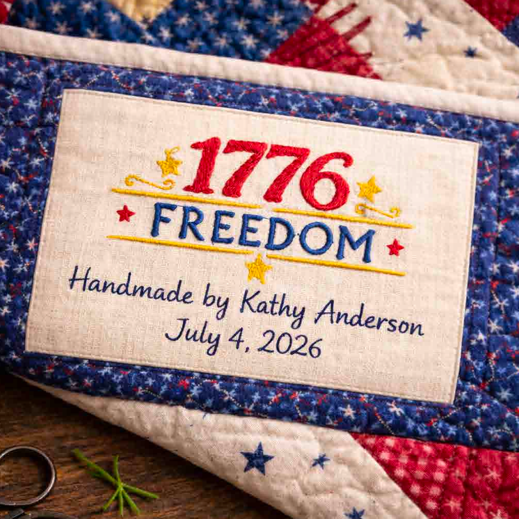 Quilted item with '1776 Freedom' label and embroidered text, held by a hand.