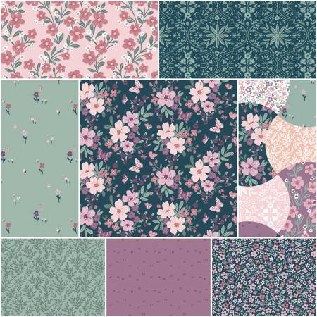 Buds & Butterflies 1 Yard Bundle Emerald, 8 Pcs.