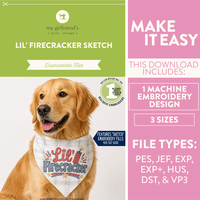 Dog wearing a 'Lil' Firecracker' bandana with embroidery design information on a green and pink background.