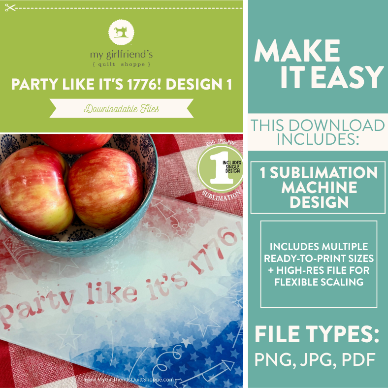 Product packaging with apples, a flag design, and text about a digital download for sublimation machine design.