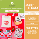 Promotional graphic for a ScannCut Valentine's Day design package with text and product images.
