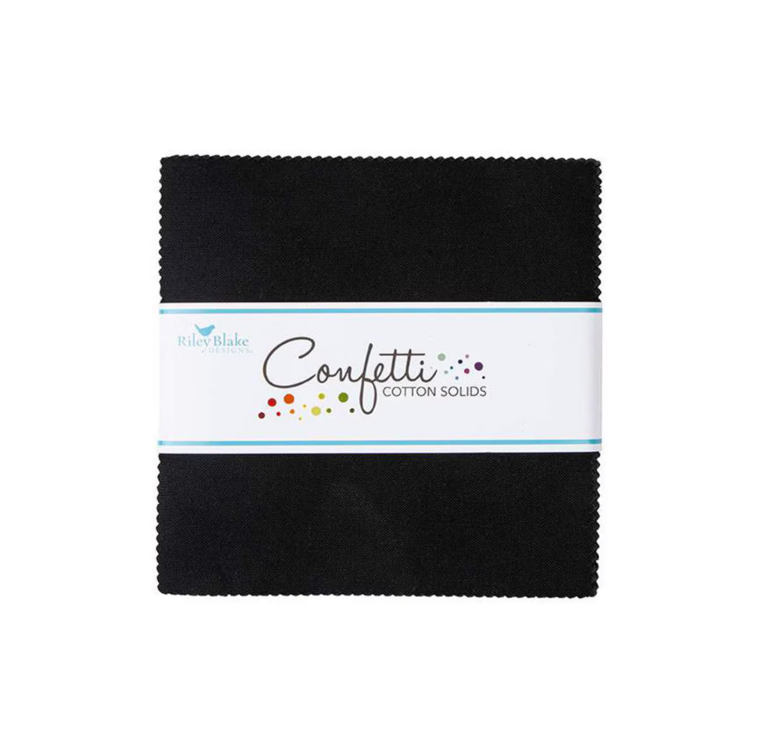 Pack of black fabric squares with 'Confetti Cotton Solids' label on a white background