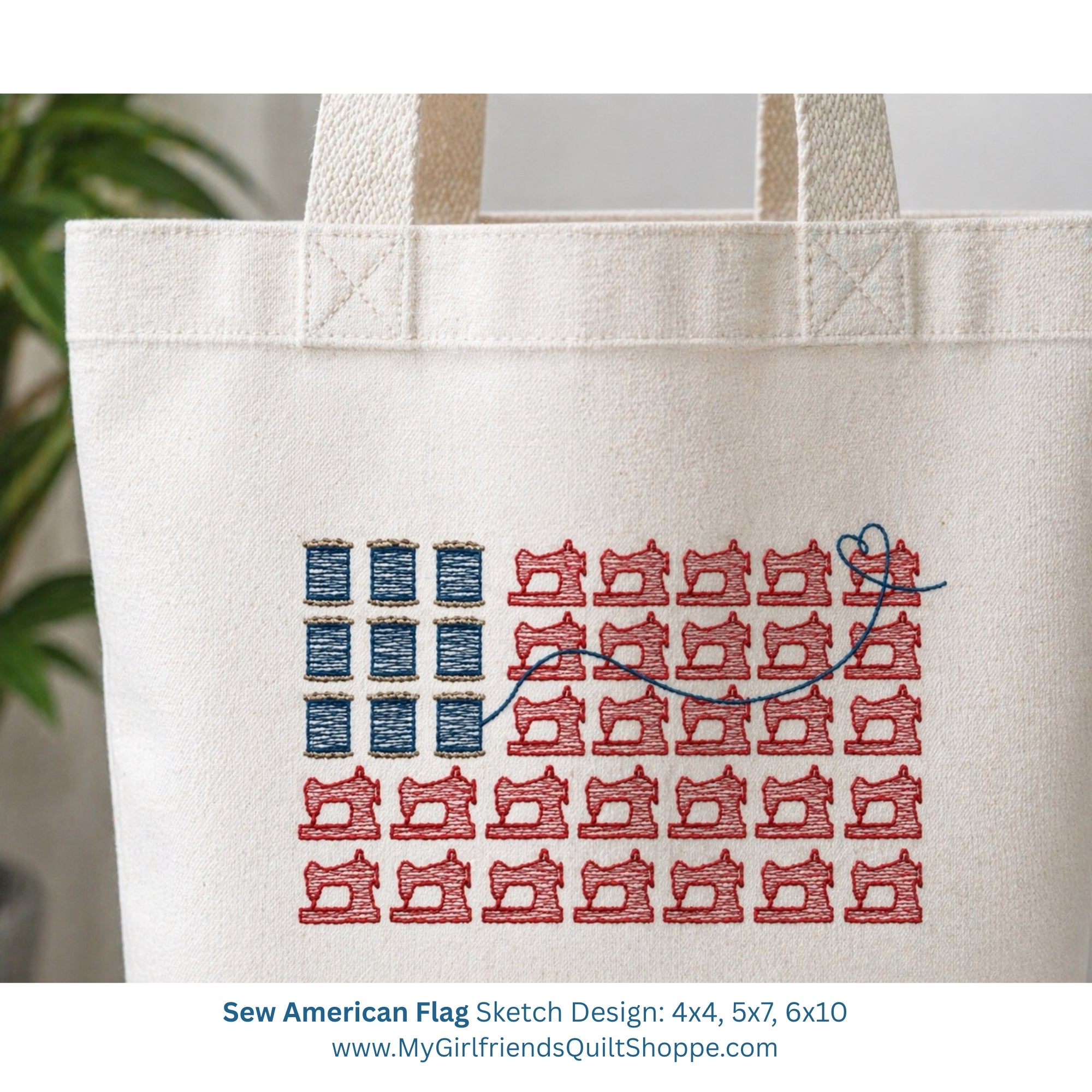 White tote bag with red and blue sewing machine pattern resembling an American flag, with a plant in the background.