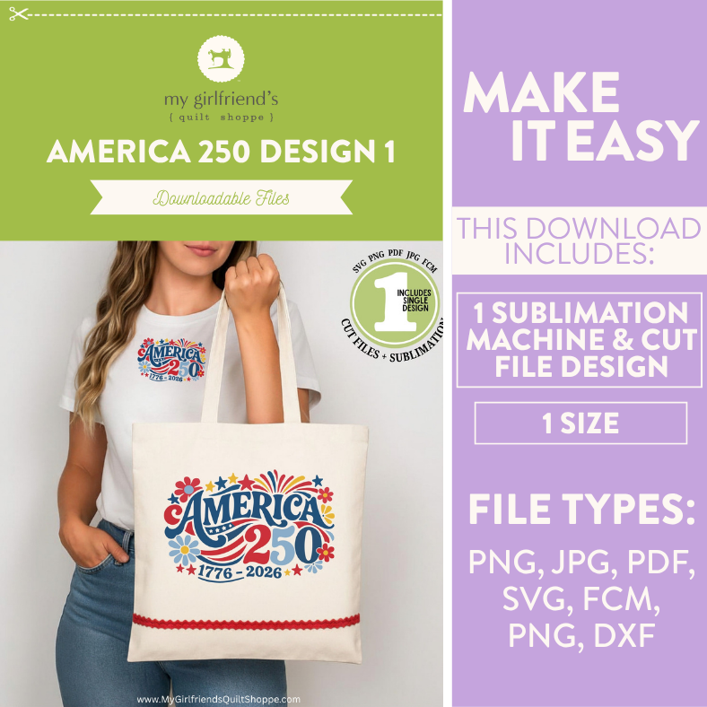 Promotional graphic for a 'America 250 Design 1' download with a person holding a tote bag featuring the design.