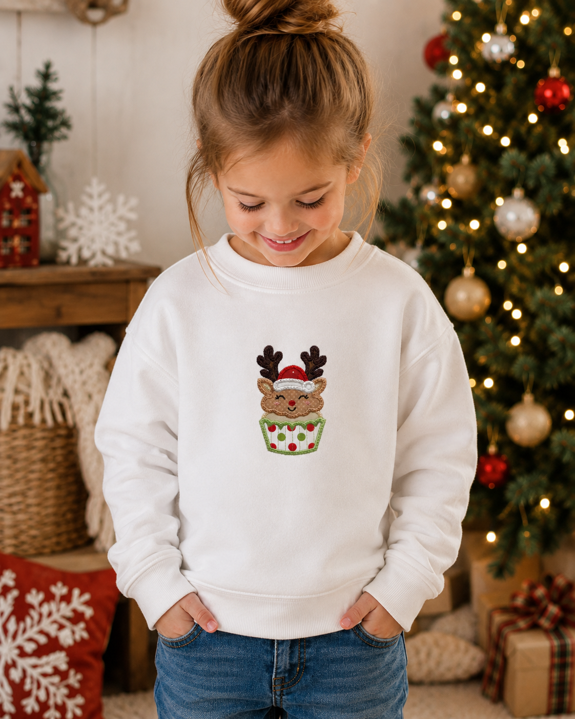 A young girl with her hair in a bun is wearing a white crewneck sweatshirt featuring a festive graphic of a reindeer wearing a Santa hat inside a green cupcake with red polka dots. The background shows a cozy Christmas setting with a decorated tree and holiday decorations.