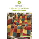 Sewing pattern cover for the Cider Social Rag Quilt by my girlfriend's quilt shoppe, showing a patchwork rag quilt draped over a wooden bench with autumn-colored squares in red, orange, yellow, green, and brown.