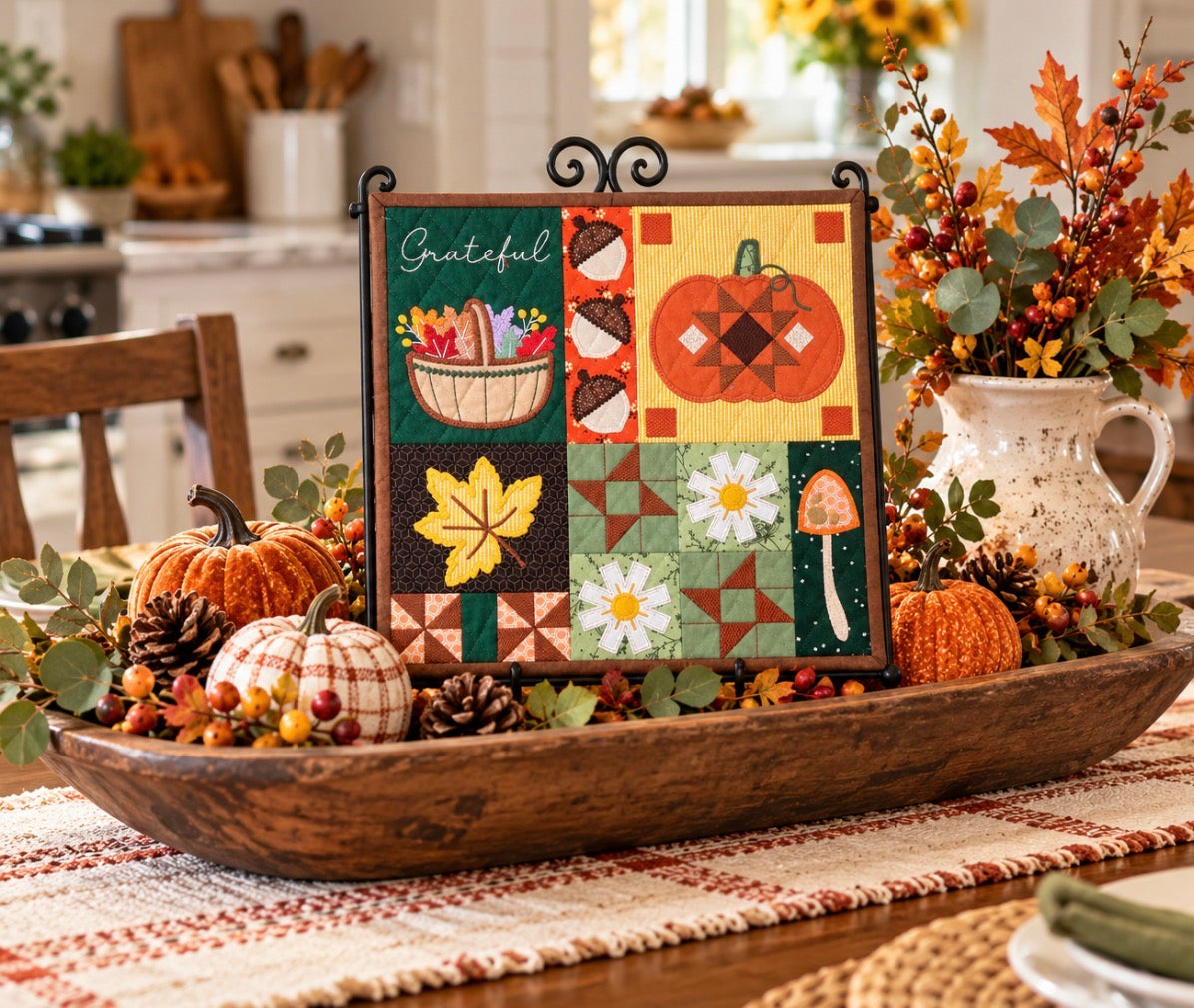 A framed autumn-themed quilted wall hanging with the word 'Grateful' and colorful patchwork motifs including acorns, a leaf, daisies, mushrooms, and pumpkins, displayed on a dining table in a decorated fall setting.