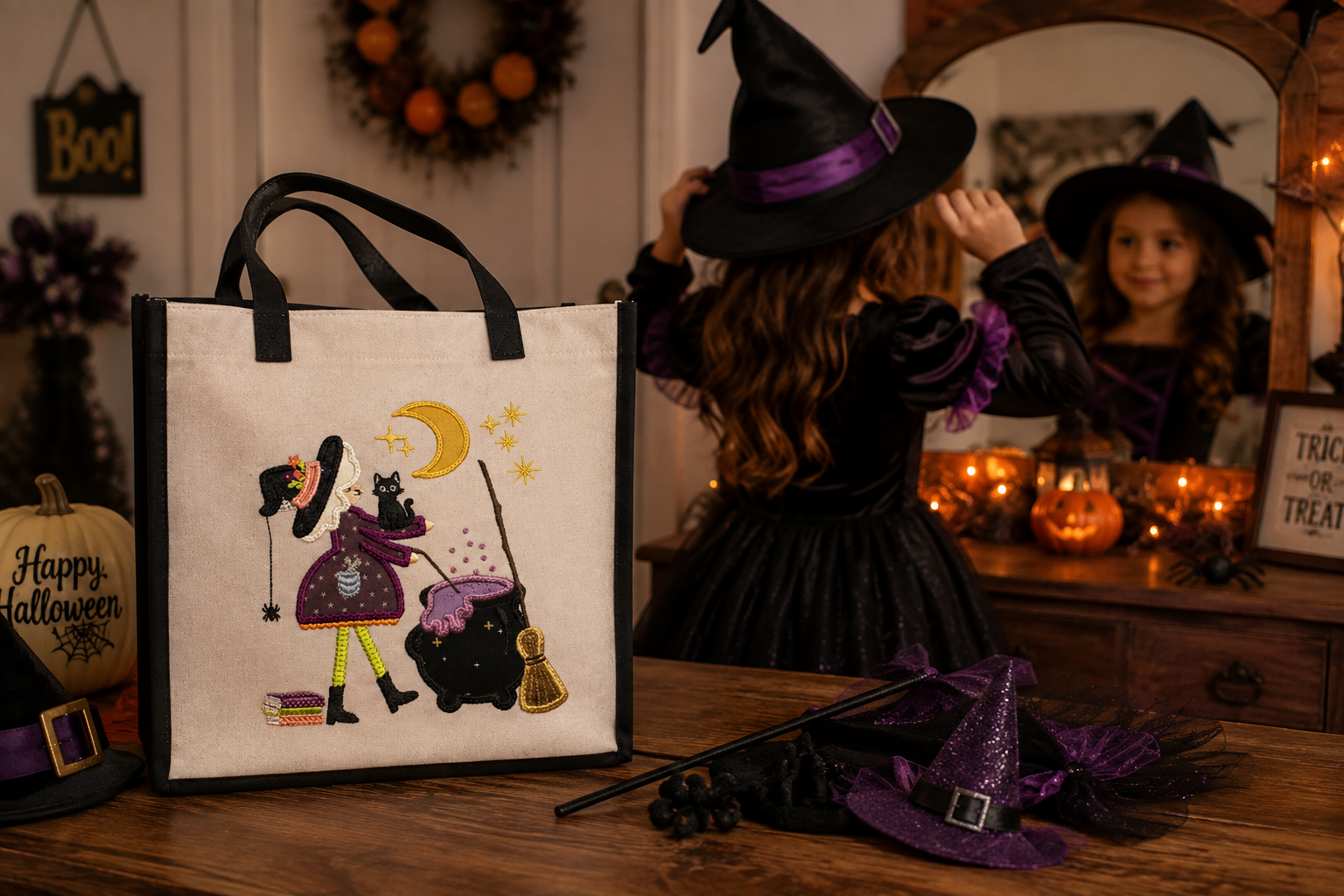 A Halloween-themed canvas tote bag with embroidered witch illustrations stands on a wooden table in a decorated room, with a child in a witch costume adjusting a witch hat in the background.