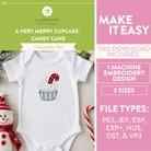 Promotional graphic for a downloadable embroidery design featuring a white baby bodysuit with a cupcake and candy cane motif. The left side shows the styled bodysuit with holiday props, while the right side contains pink text panels describing the download contents and file types.