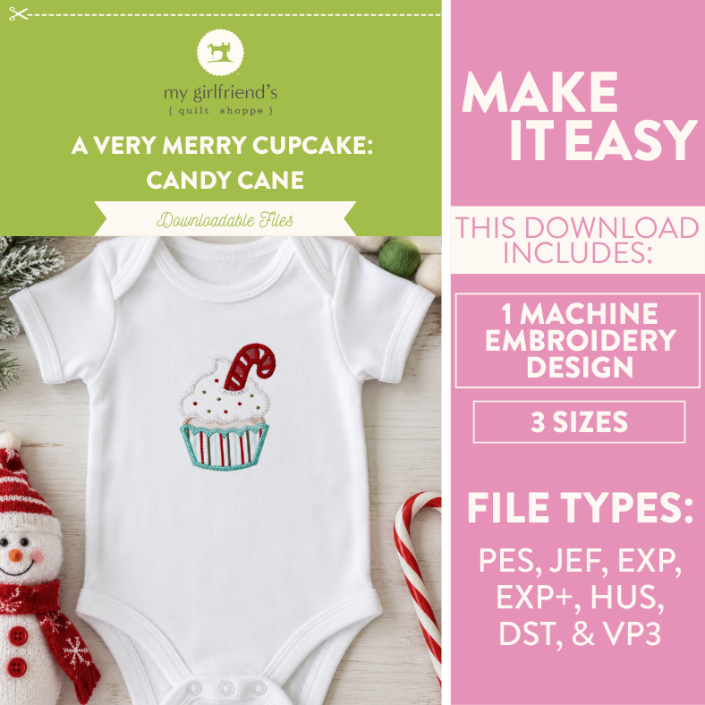 Promotional graphic for a downloadable embroidery design featuring a white baby bodysuit with a cupcake and candy cane motif. The left side shows the styled bodysuit with holiday props, while the right side contains pink text panels describing the download contents and file types.