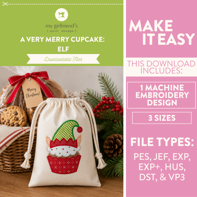 Promotional graphic for a downloadable machine embroidery design showing a cream drawstring cupcake bag with an elf-in-cupcake motif. The left side includes holiday props like cookies, a basket, evergreen branches, and a ribbon, while the right side has pink text panels reading 'MAKE IT EASY,' listing included file types and sizes.
