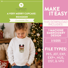 Promotional graphic for a downloadable embroidery design featuring a child wearing a white sweatshirt with a festive cupcake reindeer graphic, alongside text detailing the file types and included sizes on a pink and green layout.