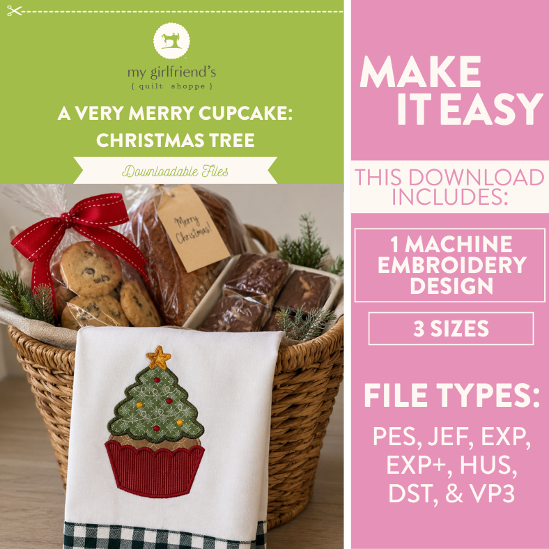 Promotional graphic for a downloadable machine embroidery design titled 'A VERY MERRY CUPCAKE: CHRISTMAS TREE' by my girlfriend's quilt shop. The left side shows a wicker basket filled with cookies and pastries, with a white cloth napkin or towel featuring an embroidered cupcake tree design in green, red, and gold.