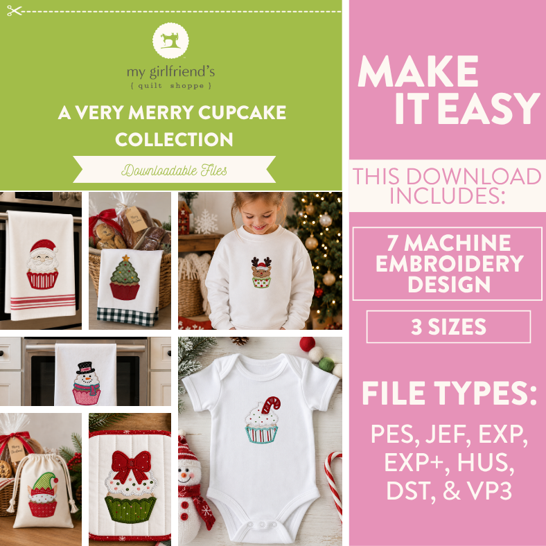 Promotional graphic for a downloadable embroidery collection titled 'A Very Merry Cupcake Collection' by my girlfriend's quilt shop. The design shows multiple holiday-themed cupcake embroidery patterns displayed on garments and home textiles, alongside text stating the download includes 7 machine embroidery designs in 3 sizes for file types PES, JEF, EXP, EXP+, HUS, DST, & VP3.