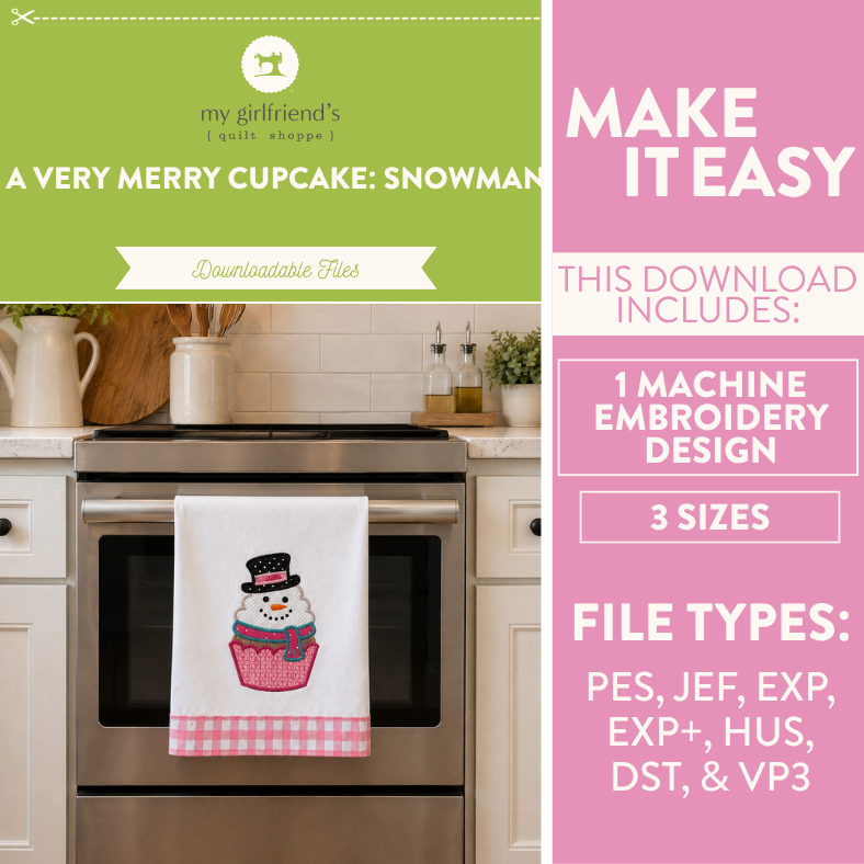 Promotional graphic for a downloadable machine embroidery design featuring a cupcake snowman. The left side shows a kitchen scene with a white towel hanging on a stainless steel oven, printed with a pink and white gingham border and a snowman on a cupcake.