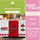 Promotional graphic for a downloadable Christmas tea towel set by my girlfriend's quilt shoppe. The left side shows three festive towels hanging on a rack: one white with 'Merry christmas' in red and green, one red with 'making spirits light' in gold, and one white with a red and green ornament design.