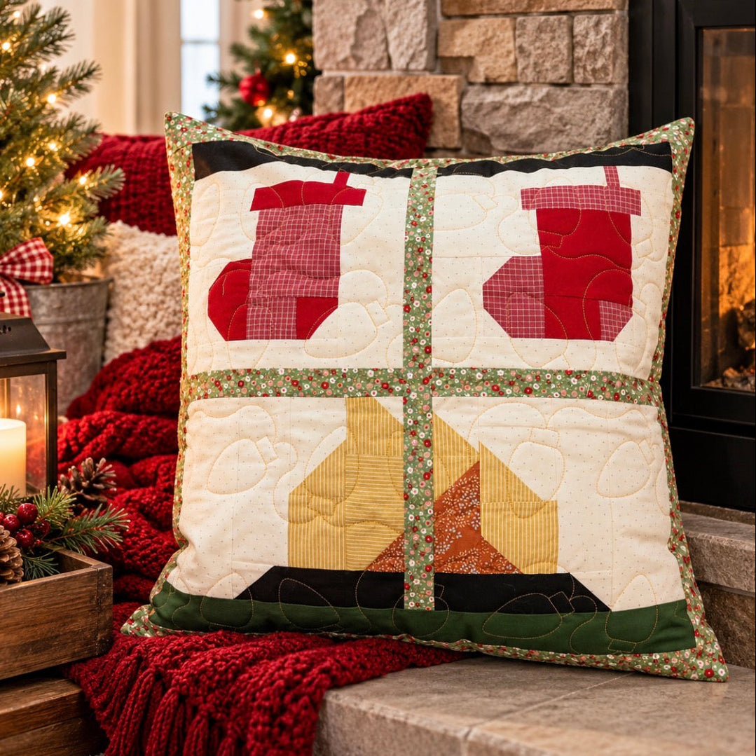 A square quilted throw pillow with a Christmas theme, featuring two red stockings and two house shapes in red, yellow, and green, styled on a stone hearth next to a lit Christmas tree and a red knit blanket.