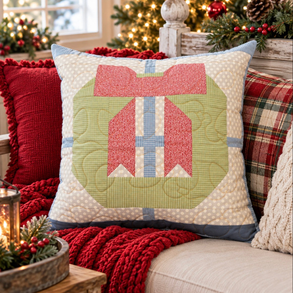 A square decorative throw pillow with a quilted holiday gift design, styled on a beige sofa with red knit blankets and other holiday pillows in a cozy living room setting.