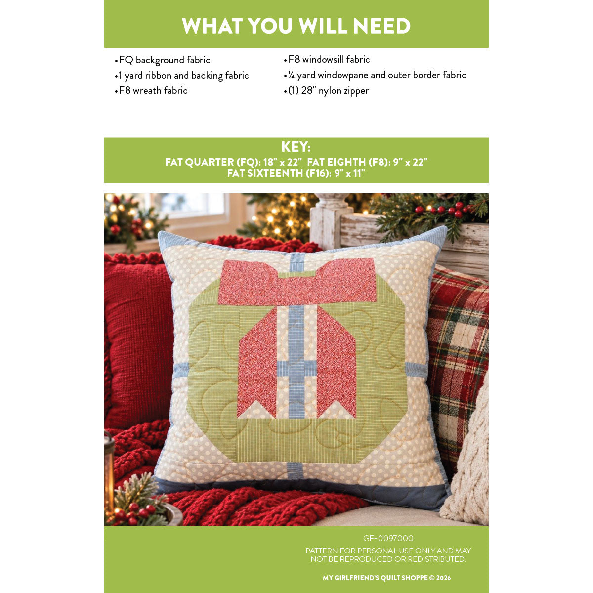 A quilted throw pillow shown on a couch in a holiday setting, with a green informational banner above reading 'WHAT YOU WILL NEED' and a key size guide. The pillow has a cream base with a large pink bow design and blue border details.