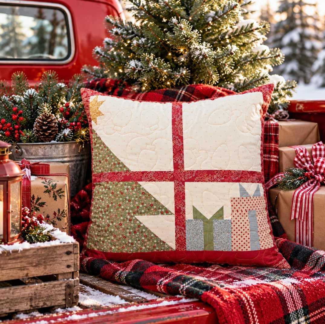 A square quilted throw pillow with a Christmas-themed patchwork design sits in the bed of a red pickup truck, surrounded by holiday decorations including a flocked Christmas tree, lanterns, wrapped gifts, and plaid blankets.