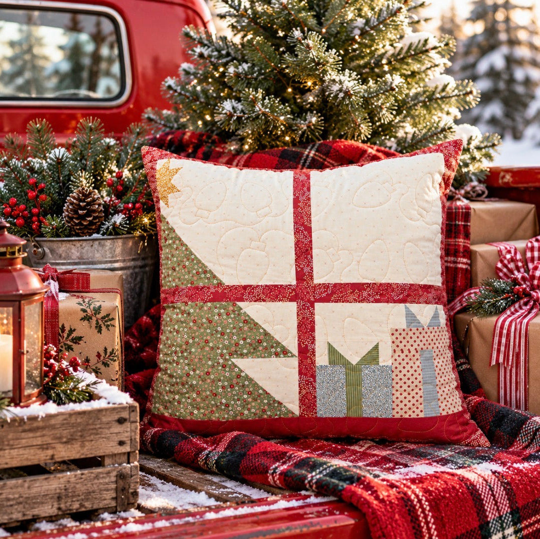 A square quilted throw pillow with a Christmas-themed patchwork design sits in the bed of a red pickup truck, surrounded by holiday decorations including a flocked Christmas tree, lanterns, wrapped gifts, and plaid blankets.