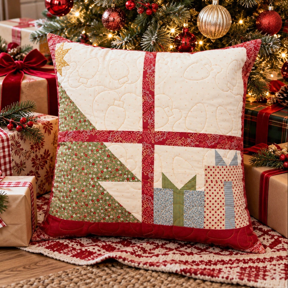 A square quilted throw pillow with a Christmas-themed patchwork design featuring a tree, gifts, and a cross, styled on a rug in front of a decorated Christmas tree and wrapped presents.